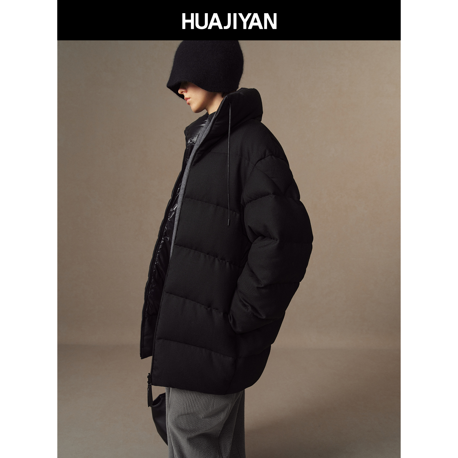 华吉言【布莱克】绵羊毛90鹅绒服两穿哑光亮面中长款立领羽绒服