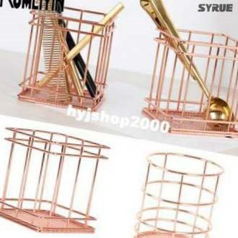 Set Rose Gold Metal Pen Holder Box Case Desk Stationery Of-