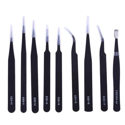 9PCS/PACK ESD Tweezers Set Stainless Steel Anti-static Preci