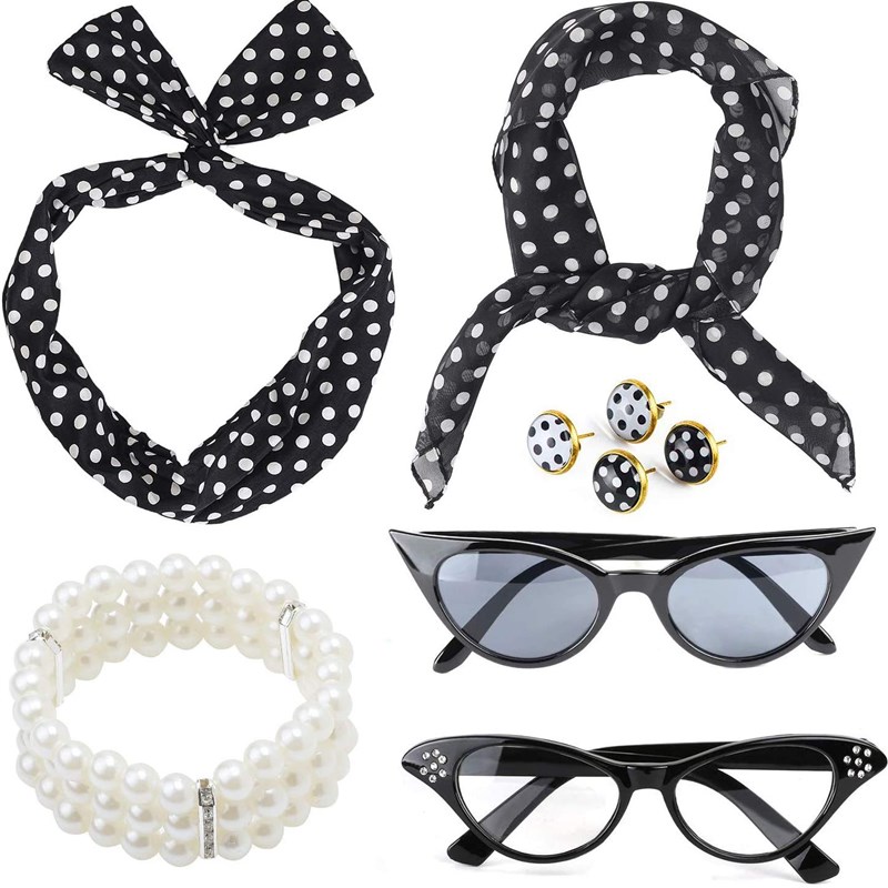 50年代狂欢派对波点热销款头带丝巾眼镜耳针角色扮演服饰舞会套装