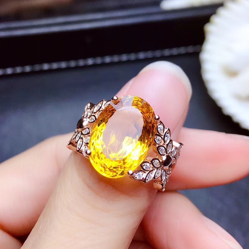 925纯银镶嵌 烟花切工黄水晶戒指指环女 水晶戒活扣 奢华大气包邮