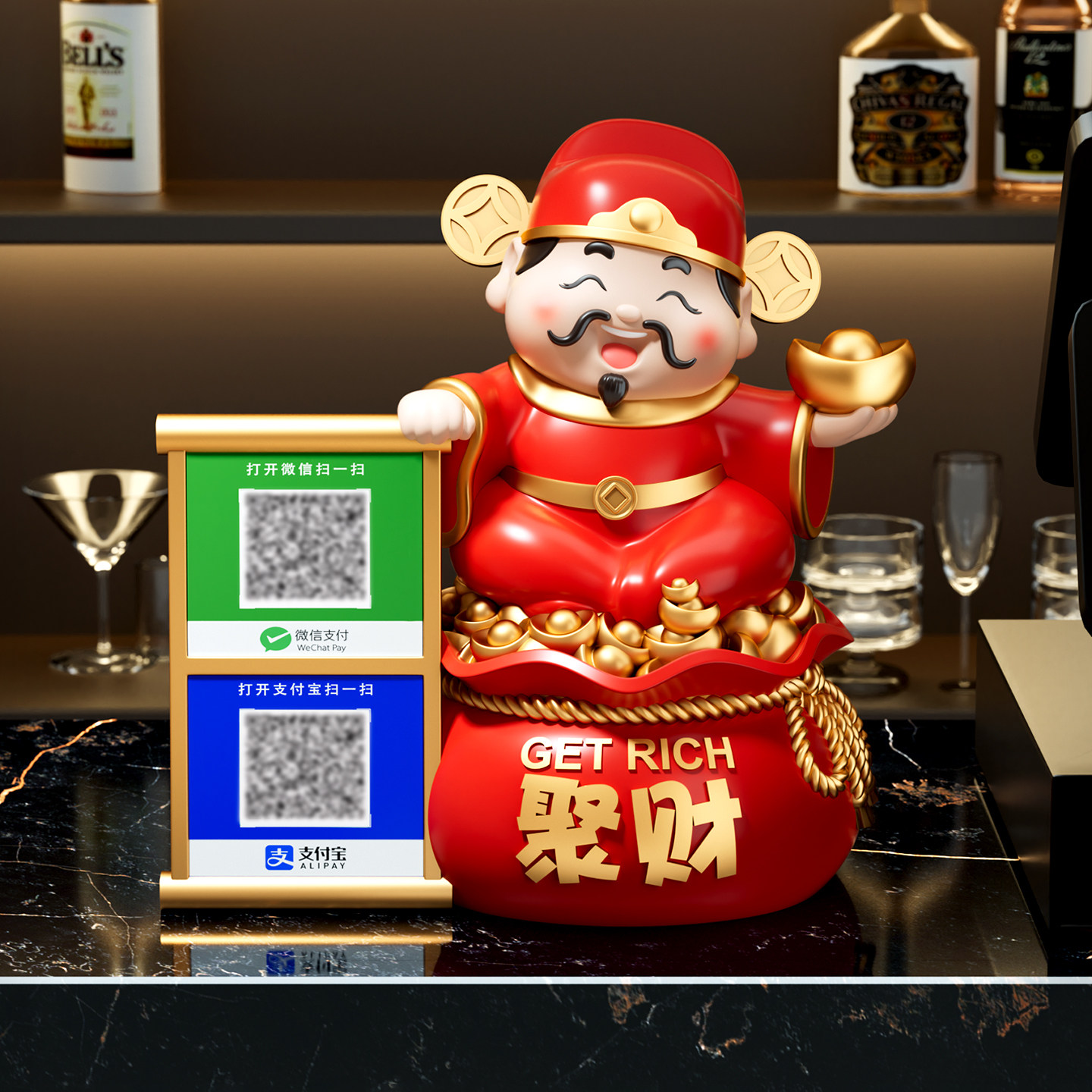高档财神爷摆件新店铺开业礼物收银台聚招财收钱款二维码装饰礼品