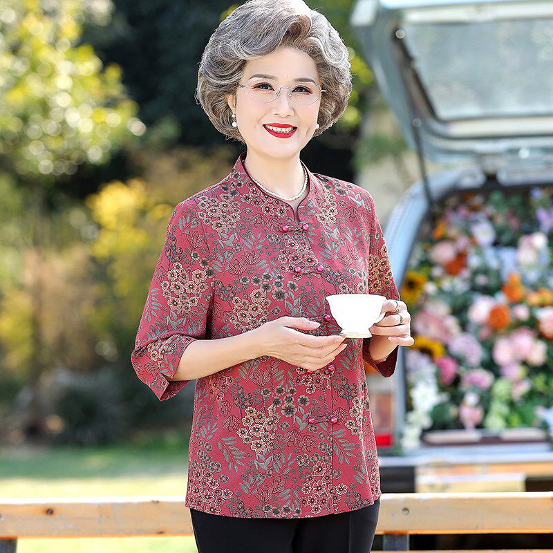 速发老年人夏装七分袖上衣妈妈太太中袖70岁80奶奶唐装衬衣套装