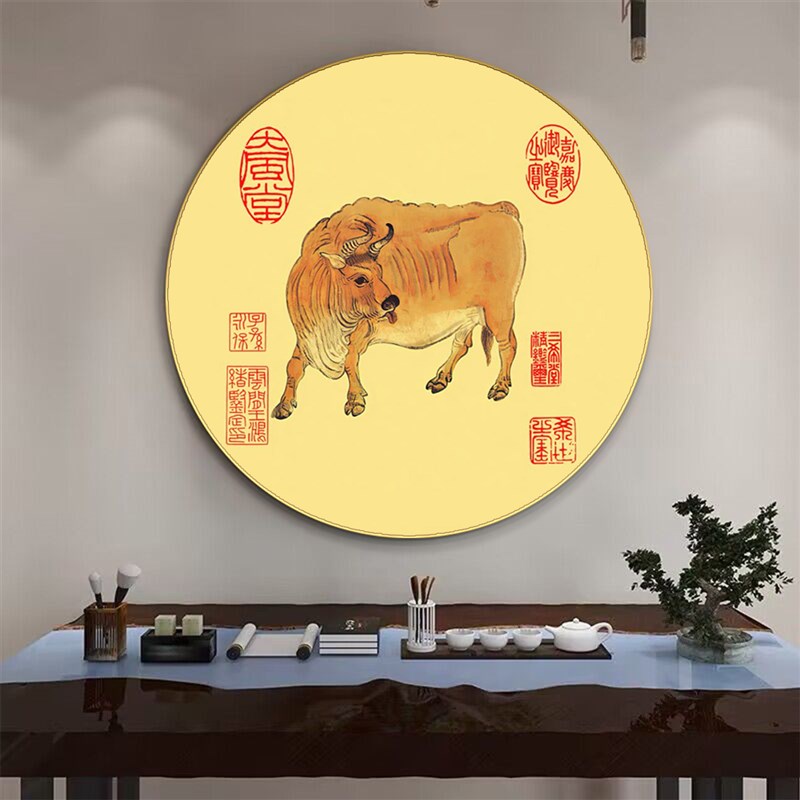 速发新中式圆形五牛图国画办公室装饰画入户玄关客厅走廊壁画扭转图片