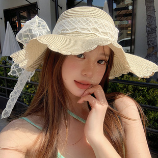 法式 大帽檐防曬遮陽帽海邊沙灘度假風 蕾絲蝴蝶結系帶草帽女生夏季