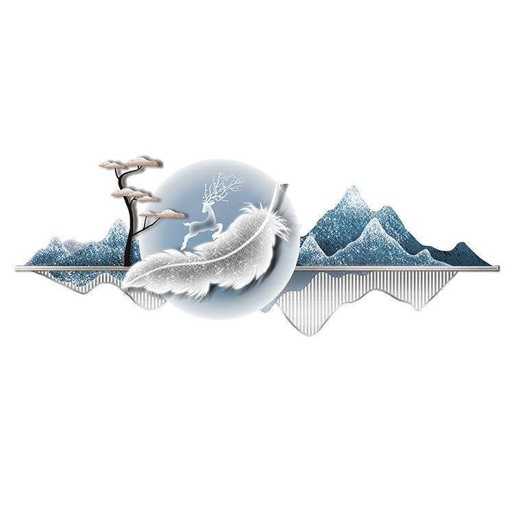 现代轻奢客厅装饰画迎客松山水沙发背景墙挂画灯光画LED发光壁画