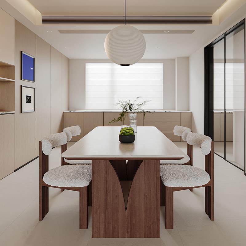 博宇家俱洞石岩板餐桌中古风北欧侘寂家用长方形法式岩板实木长桌