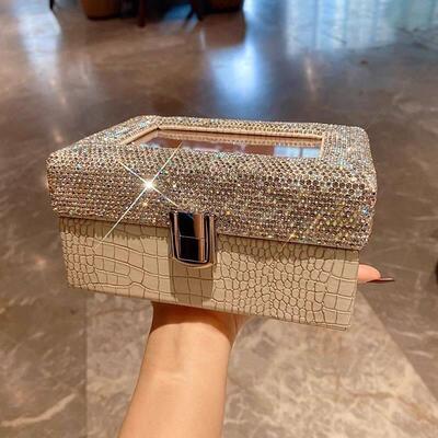 3格镶钻优雅简约皮质手表盒收纳盒名表收藏盒高档手表箱家用女新