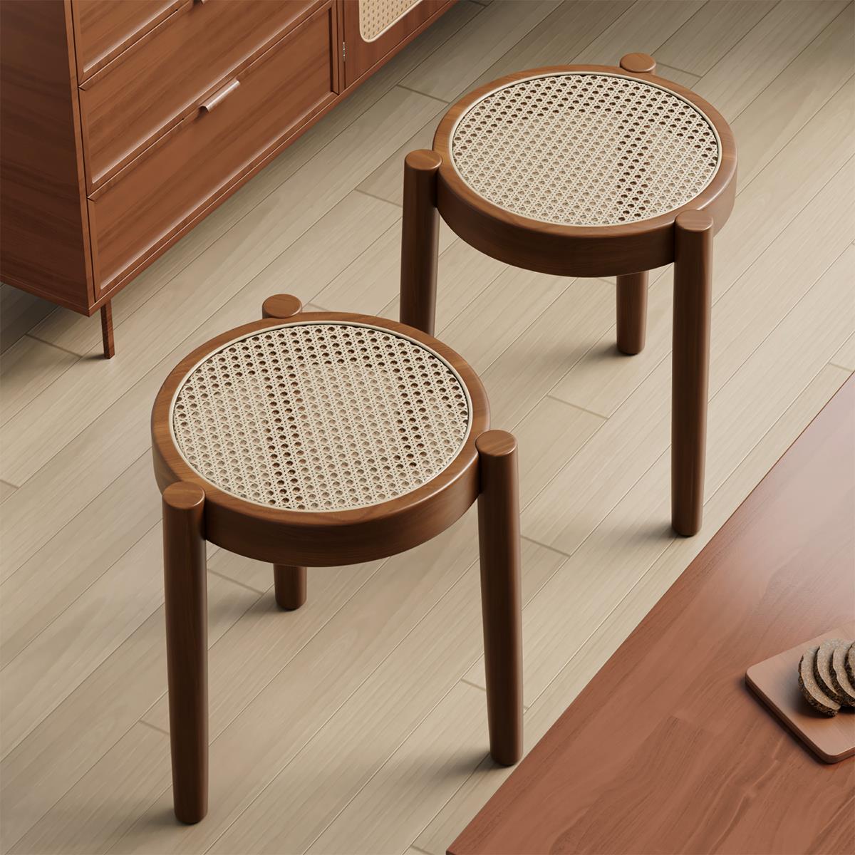 实木藤编凳子可叠放休闲家用小圆凳现代简约矮餐凳化妆凳客厅板凳