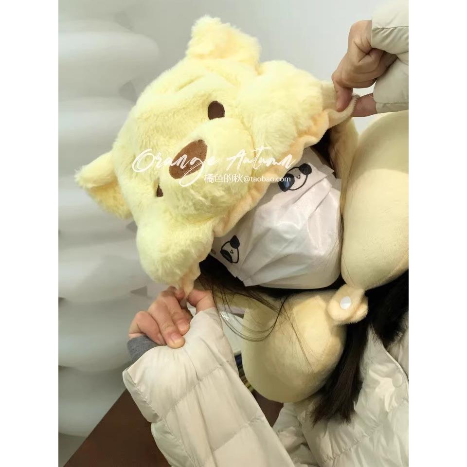 黄色毛绒小熊连帽U型枕可爱带帽子遮光护颈靠枕旅行便携午睡枕头