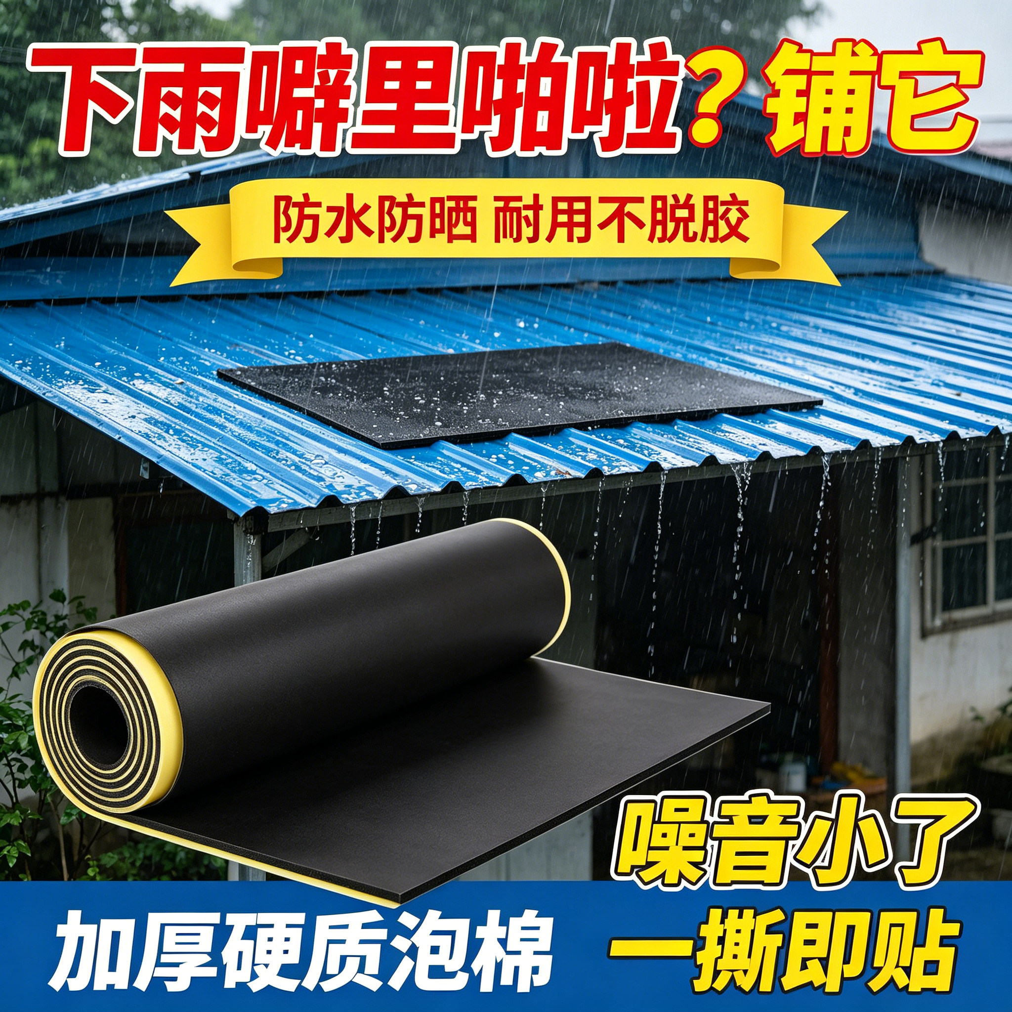 遮雨棚铁皮防水胶消音垫隔音胶带室外隔音空调外机带自粘胶带不积水强力消音降噪带背胶EVA海绵防漏风