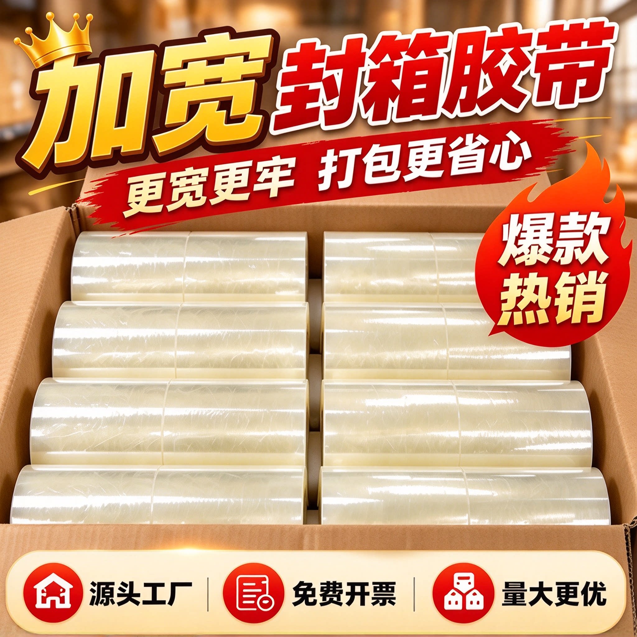 整箱单卷宽胶布加厚透明胶带大卷装电商美工封箱搬家不易断高粘防水强力便宜粘胶带切割器透明黄胶条薄膜