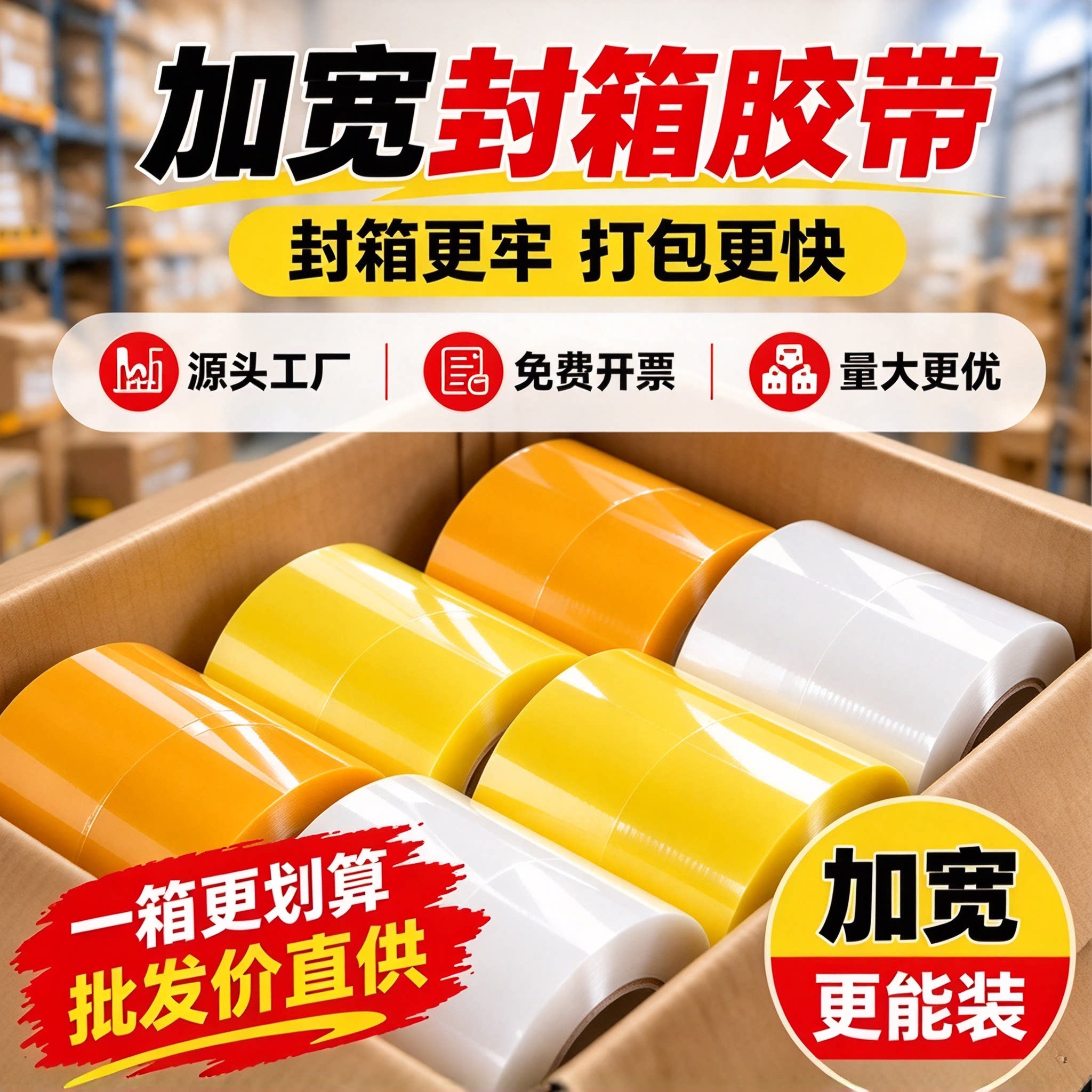 宽胶布打包强力胶加宽透明胶带大卷装批发宽胶带透明黄色封箱胶布