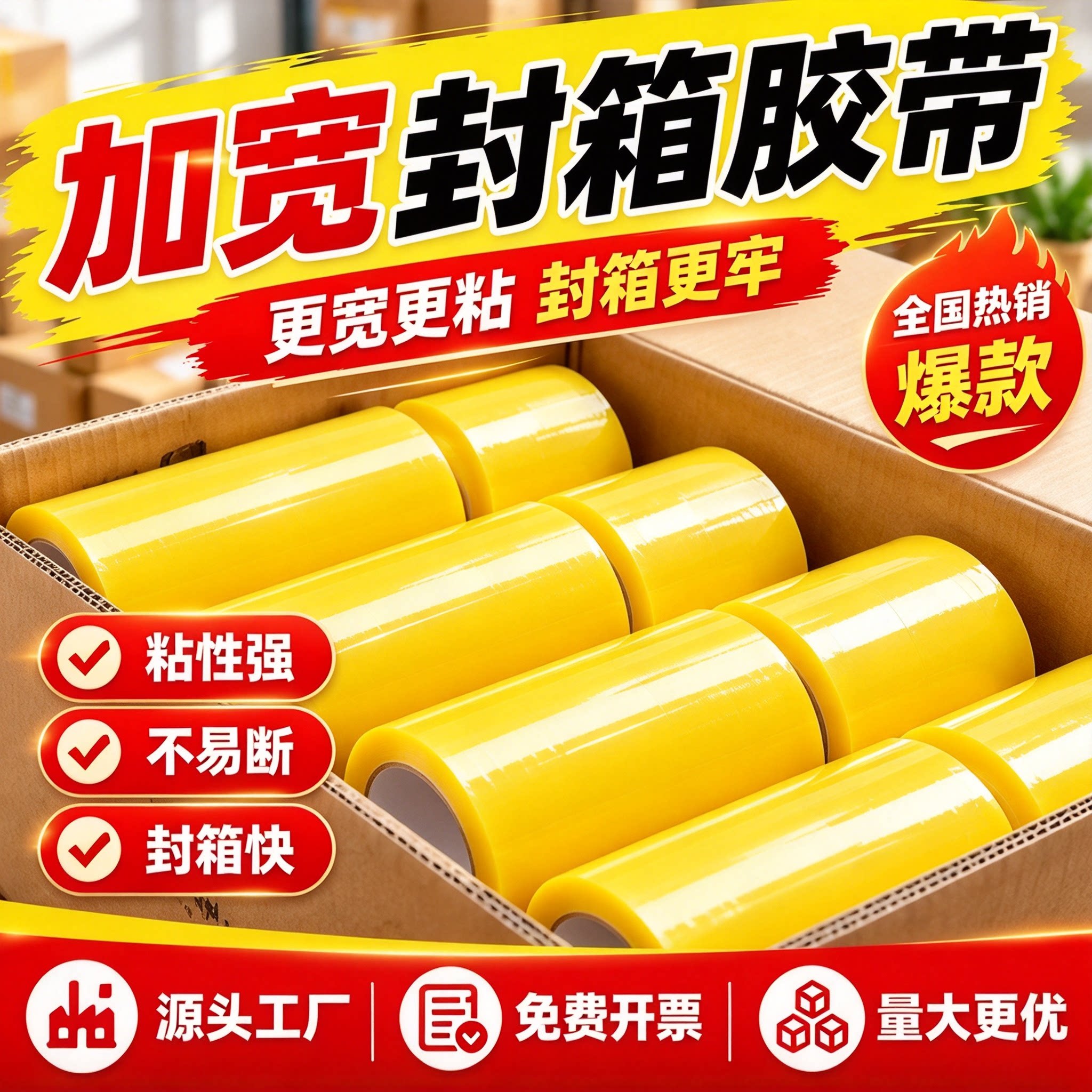 粘性强宽胶带透明宽胶布打包纸箱加宽透明胶带大卷装单卷封箱胶布