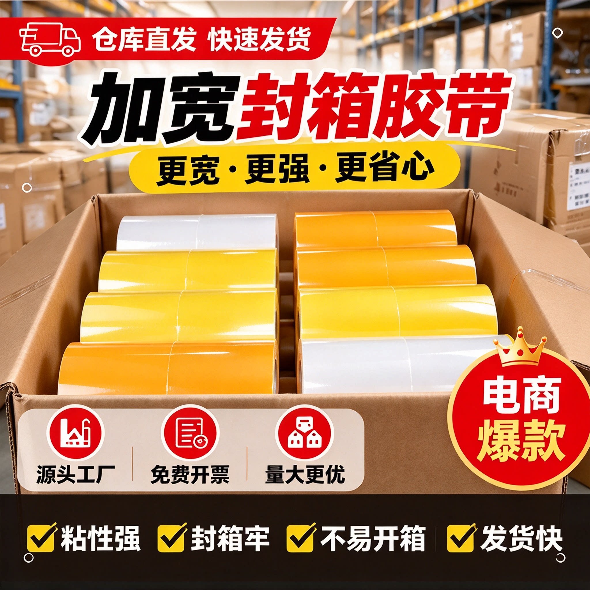 宽胶布打包不易断宽胶带透明黄色封箱胶布包装加宽透明胶带大卷装