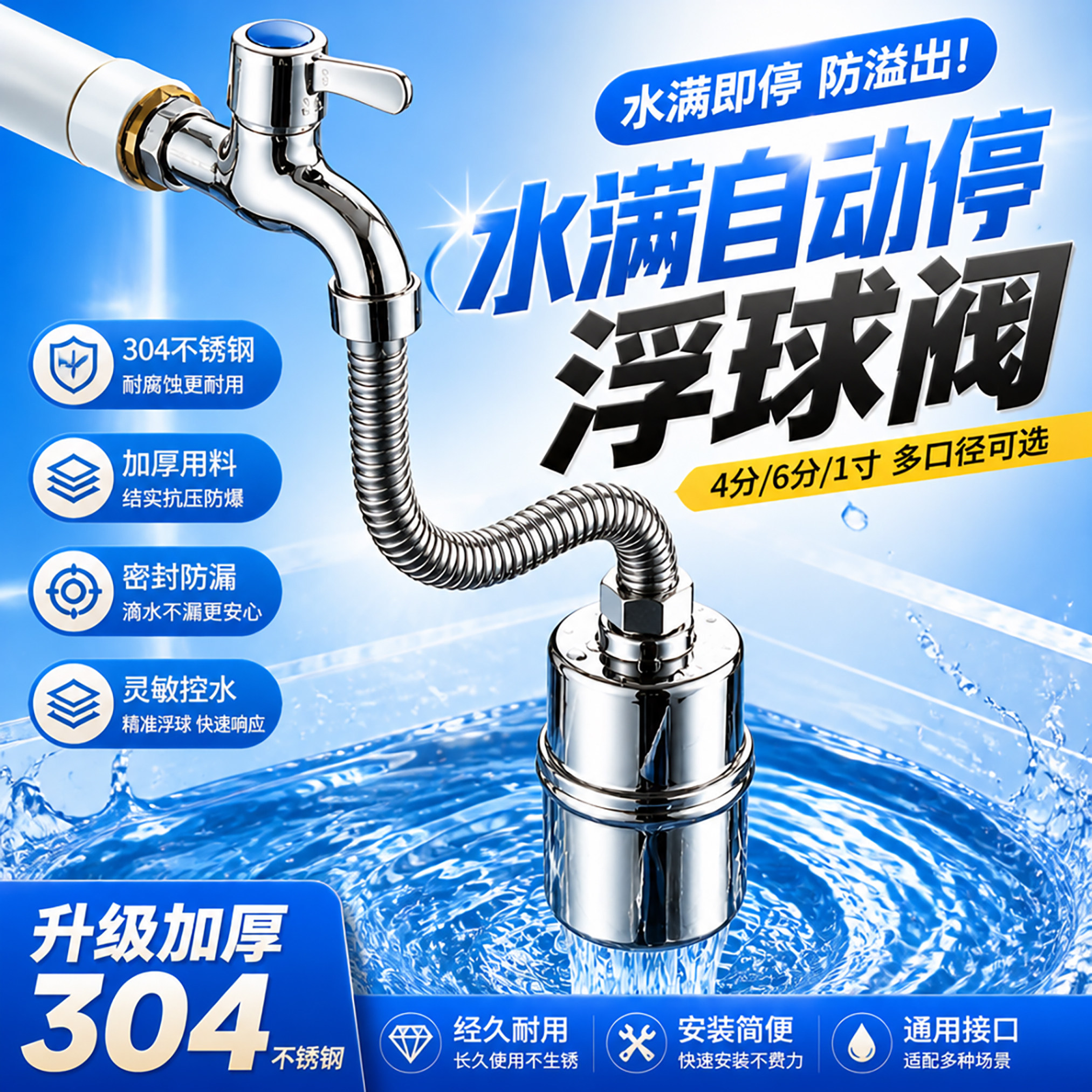 上水水满自停阀水龙头水箱水阀停水断水自动304不锈钢浮球阀补水
