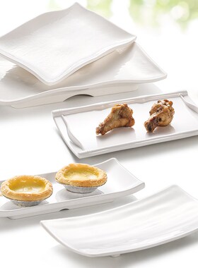 速发凯柏创密胺白色盘子塑料店瓷酒仿餐厅餐具雅意长方翘脚盘凉菜