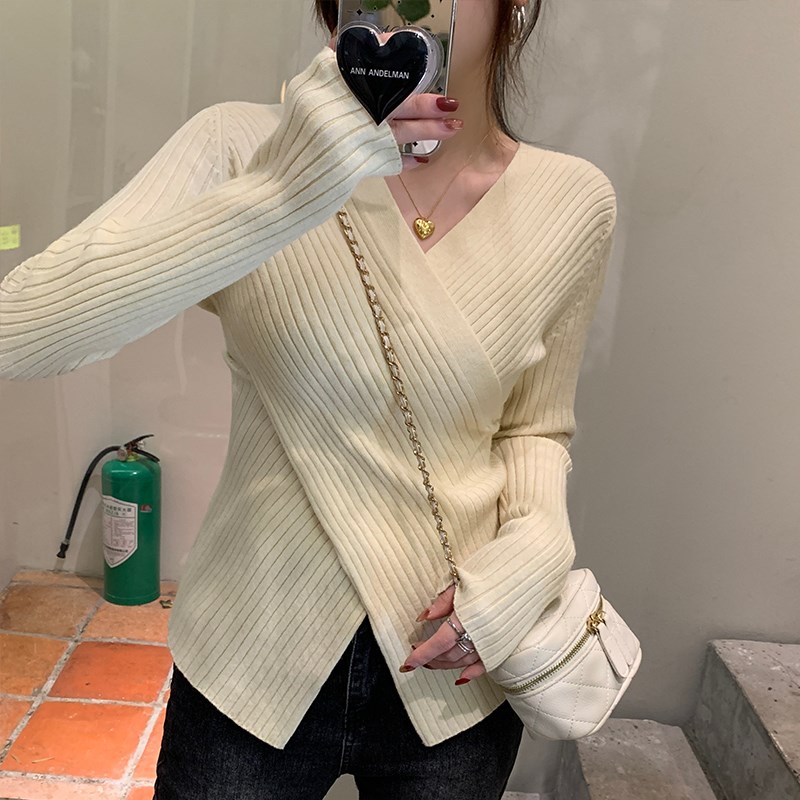 速发v领针织衫202小新款春秋不规则交内v领打底衫叉搭设计感4众上