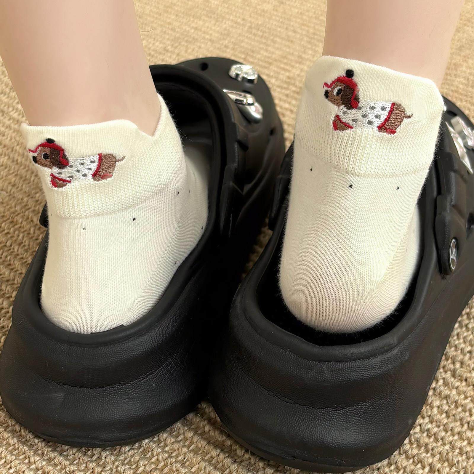 白色小狗袜子女纯棉不掉跟防滑短袜春秋季2026新款爆款护耳短筒袜