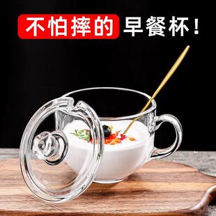 大容量燕麦牛奶早餐杯子玻璃杯家用带把水杯带盖勺泡麦片碗咖啡杯