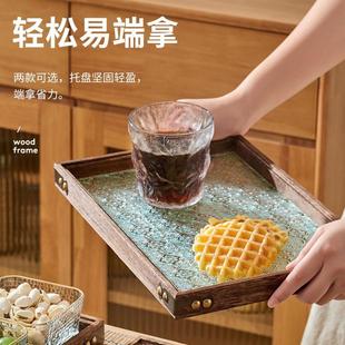 轻奢实木制茶托复古海棠花茶具长方形干泡台 茶盘玻璃托盘家用日式