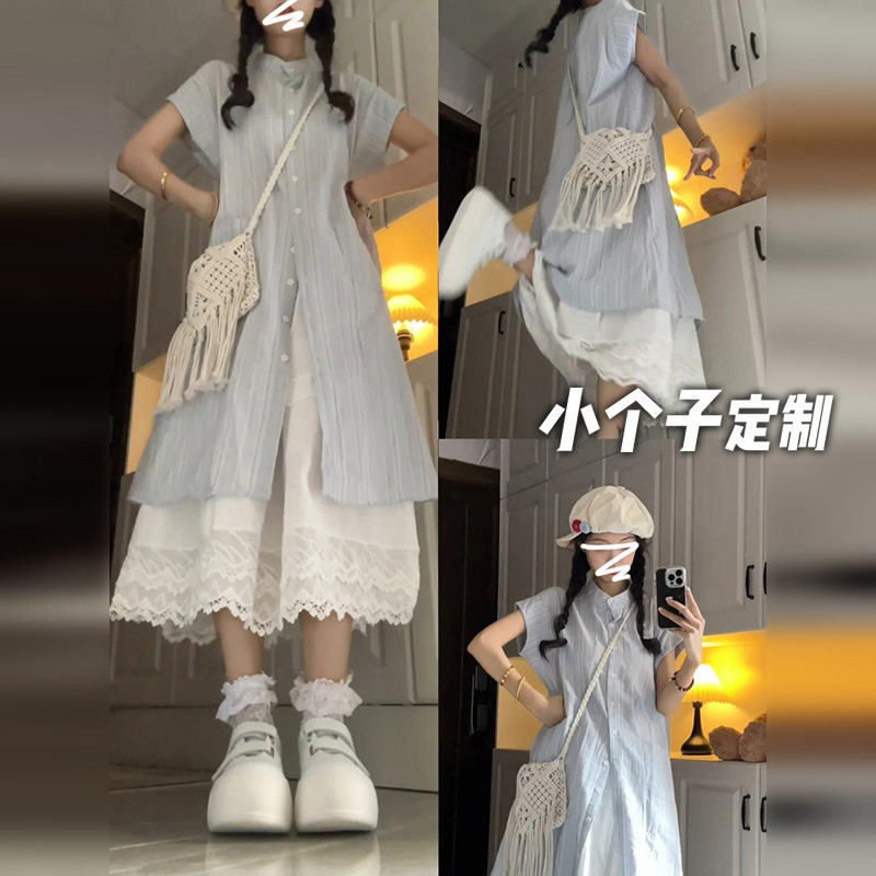 150小矮个子法式条纹衬衫短袖连衣裙女夏季宽松甜美叠穿a字中长裙
