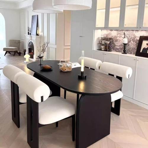 中古风椭圆形实木餐桌椅组合法式覆古吃饭桌黑色白蜡木家用长桌子