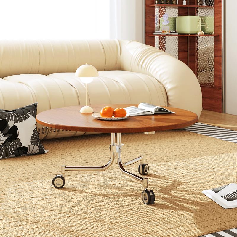 中古风随心茶几可移动实木钢化玻璃现代简约不锈钢包豪斯小圆桌