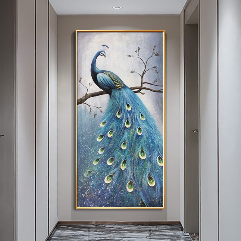 欧式富贵高端孔雀装饰画玄关挂画轻奢高级简约过道走廊竖版墙壁画图片