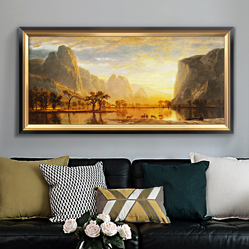 欧式背有靠山客厅装饰画山水风景画油画美式沙发背景挂画别墅壁画图片