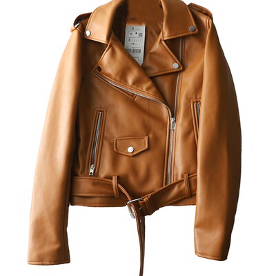 FMFSSOM Spring Autumn Women Zippers V-neck Faux Leather Jack