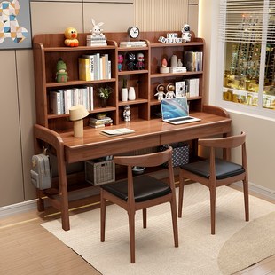 家用卧室双人位写字桌实木书桌书架一体电脑桌中小学生学习课桌椅