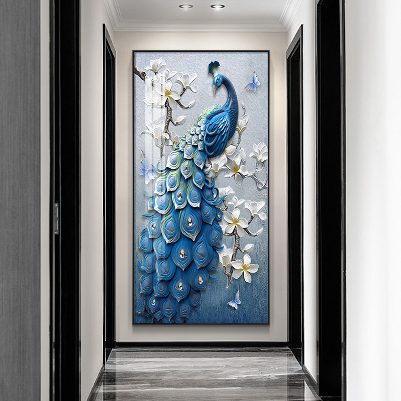 富贵蓝孔雀玄关装饰画简约现代轻奢走廊寓意好金凤凰挂画竖版壁画图片