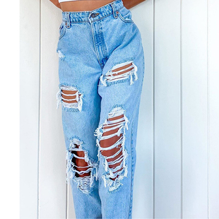Ladies Streetwear Jeans Casual Straight Leg Jeans High Waist