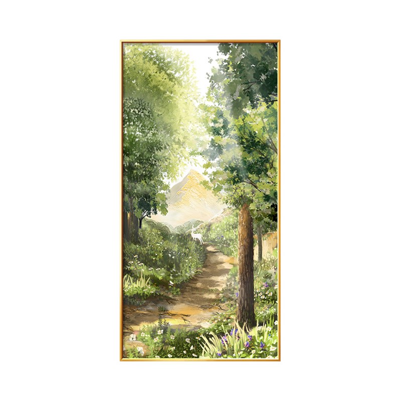 绿色风景玄关装饰画现代简约森林进门入户挂画纯手绘油画麋鹿壁画图片