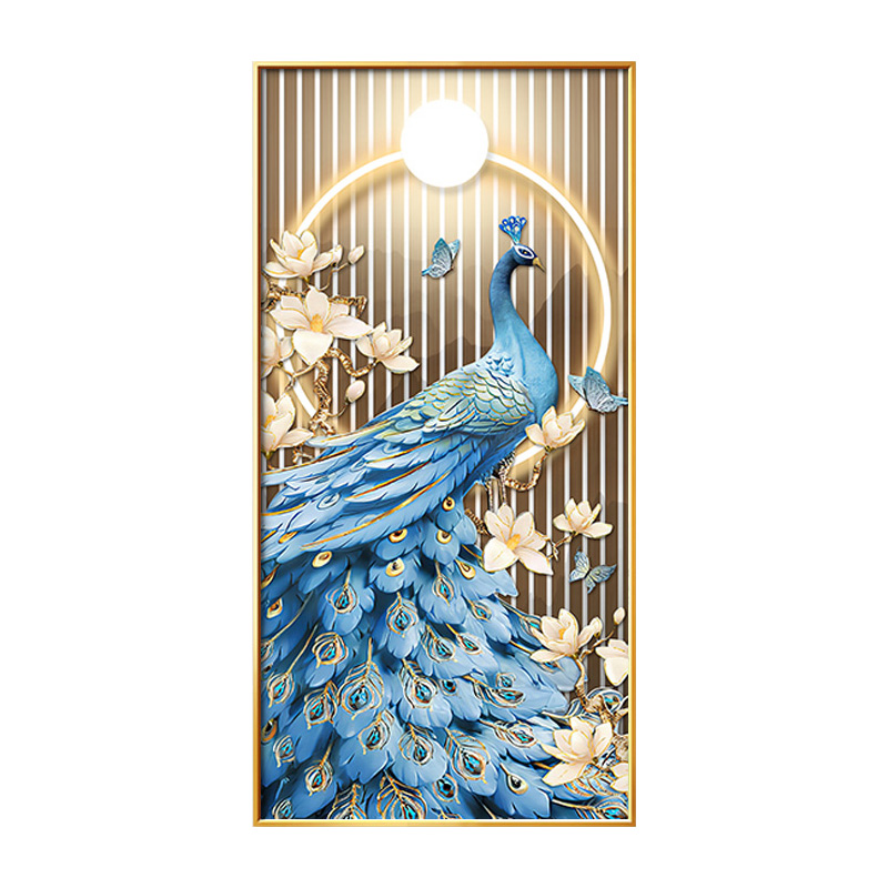 新中式孔雀进门玄关装饰画现代轻奢高档晶瓷竖版挂画走廊过道壁画图片