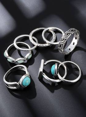 -New Retro Turquoise Eight-piece Combination Ring Set Fashio