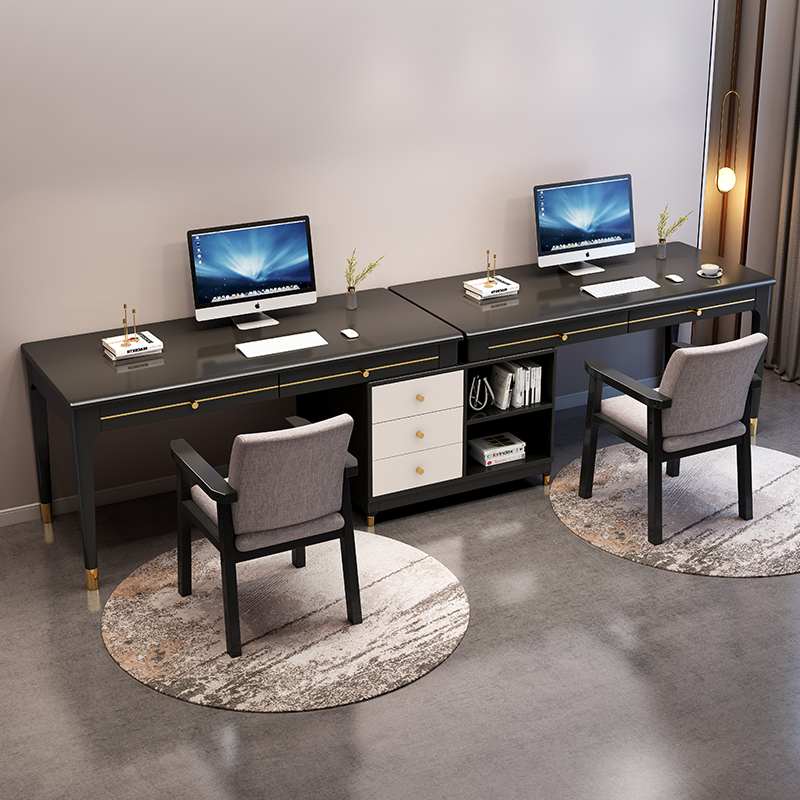 全实木双人书桌书柜组合一体学习桌简约电脑台式桌家用写字办公桌