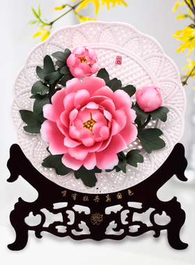 L牡丹瓷盘摆件洛阳高端精致家居陶瓷牡丹花盘送闺蜜结婚礼物装饰