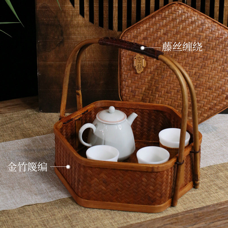 好货大漆竹编藤编提篮双层食盒茶点盘茶具月饼点心篮子筐子收纳筐