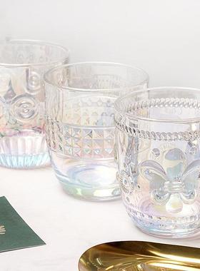 彩虹鸢尾花浮雕玻璃杯琥珀色水晶玻璃水杯茶杯酒杯果汁饮料杯家用