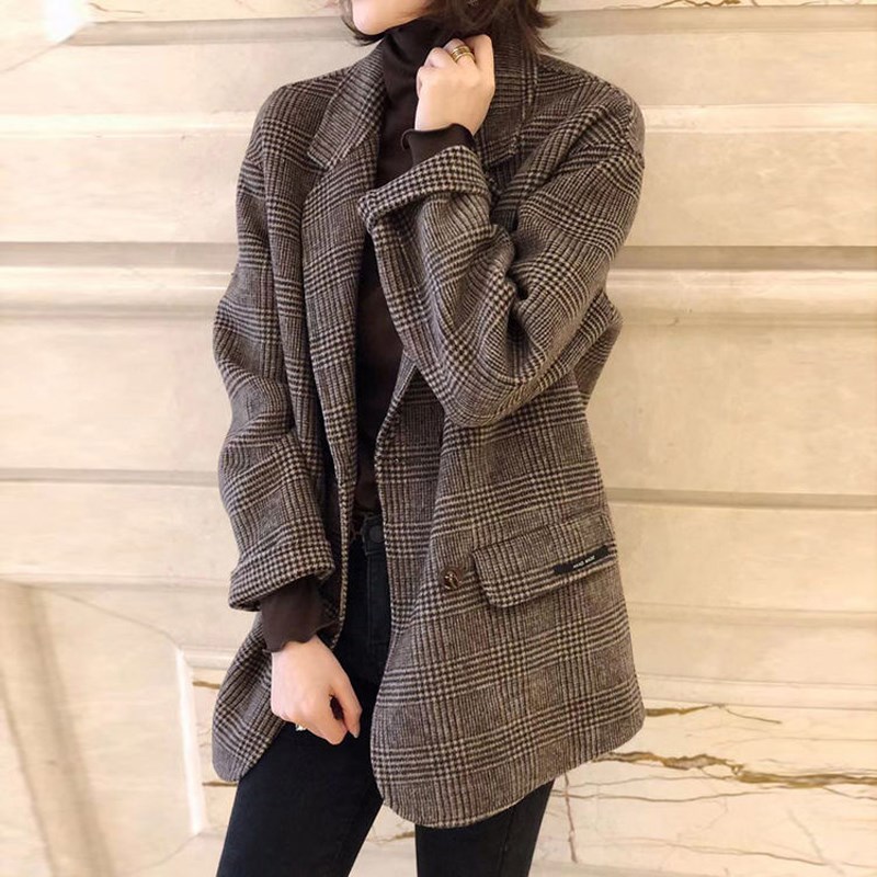 毛呢外套女秋冬2024年新款韩版宽松格子小西装中长款双面羊绒大衣