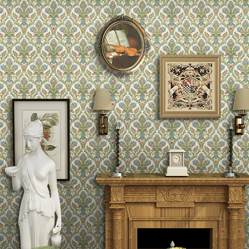 美式乡村复古壁纸墨绿色大马士革墙布田园风格卧室花纹小碎花墙纸
