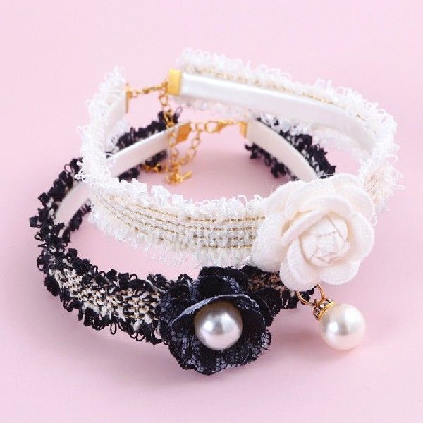 Pet Collar Cat Dog Pearl Necklace Black and White Lace