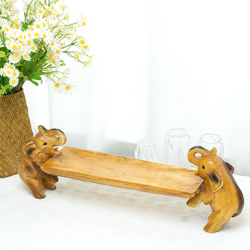 泰国进口木质大象装饰水果盘东南亚复古风格家用干果盘家居装饰品