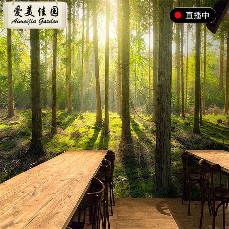 欧式延伸空间大自然树林墙纸客厅餐厅3D绿色植物壁纸主题酒店壁画