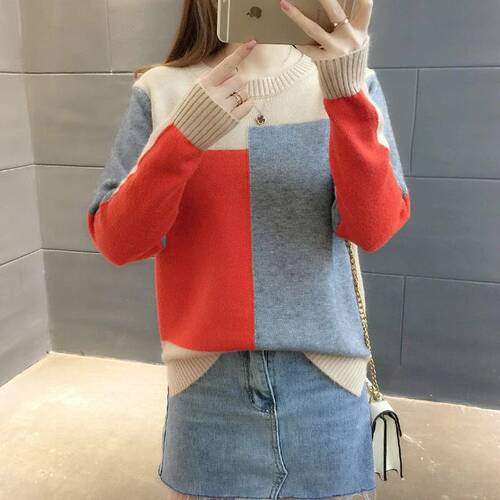 好货Women Color Block Pullover Sweater Autumn Winter New Fas