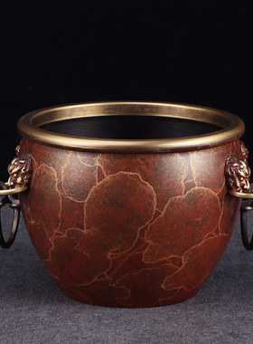 故宫狮首缸铜缸纯铜聚宝盆摆件招财家用客厅招财旺财香炉工艺摆件