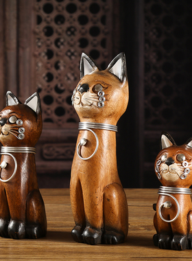 泰国实木招财猫摆件木质工艺品创意客厅装饰品东南亚小猫桌面摆设