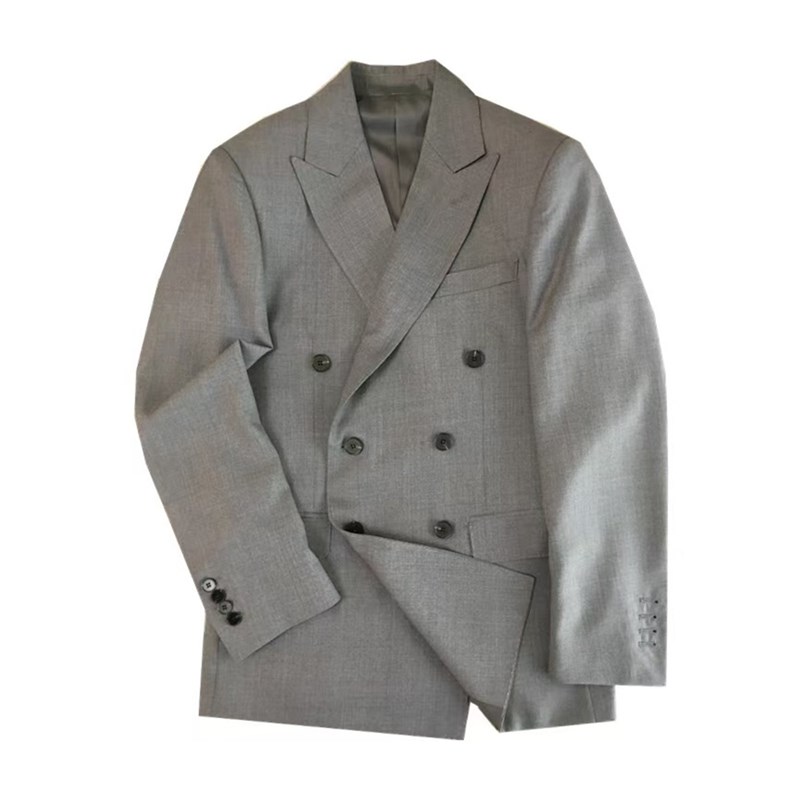 好货春夏新品 欧美男士灰色羊毛修身双排扣西服套装 时尚商务上班